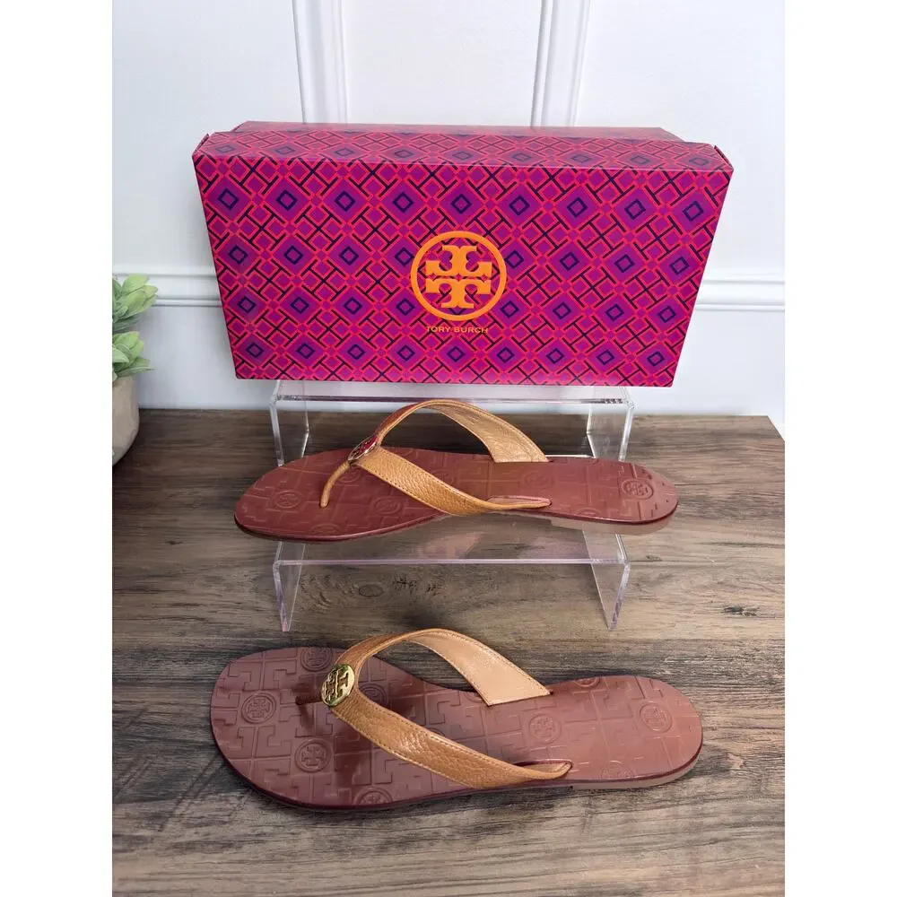 Iconic Rare Tory Burch Thora Leather Flip Flops Tan Gold New In Box Size 10